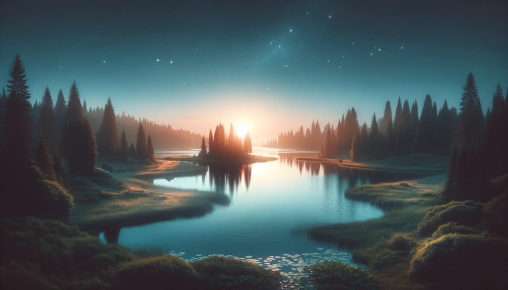 Nespavost Scenic-landscape-at-dusk-with-soft-lighting-featuring-a-tranquil-lake-surrounded-by-trees-and-a-clear-sky-with-the-first-stars-appearing