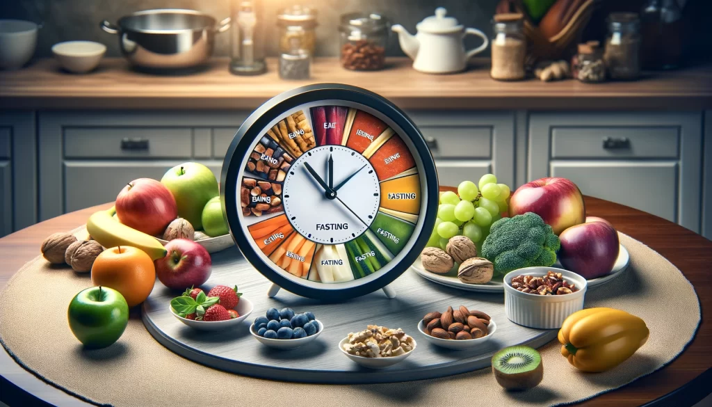 Přerušované hladovění - jidlo s hodinami na stole