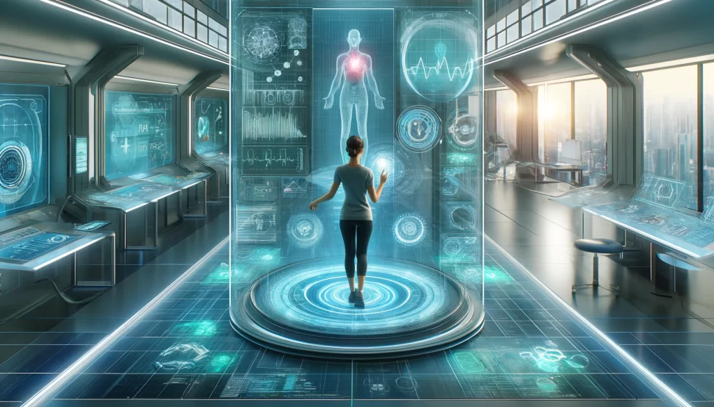 Budoucnost biohackingu, osoba interaguje s pokročilou technologií sledující zdravotní ukazatele.