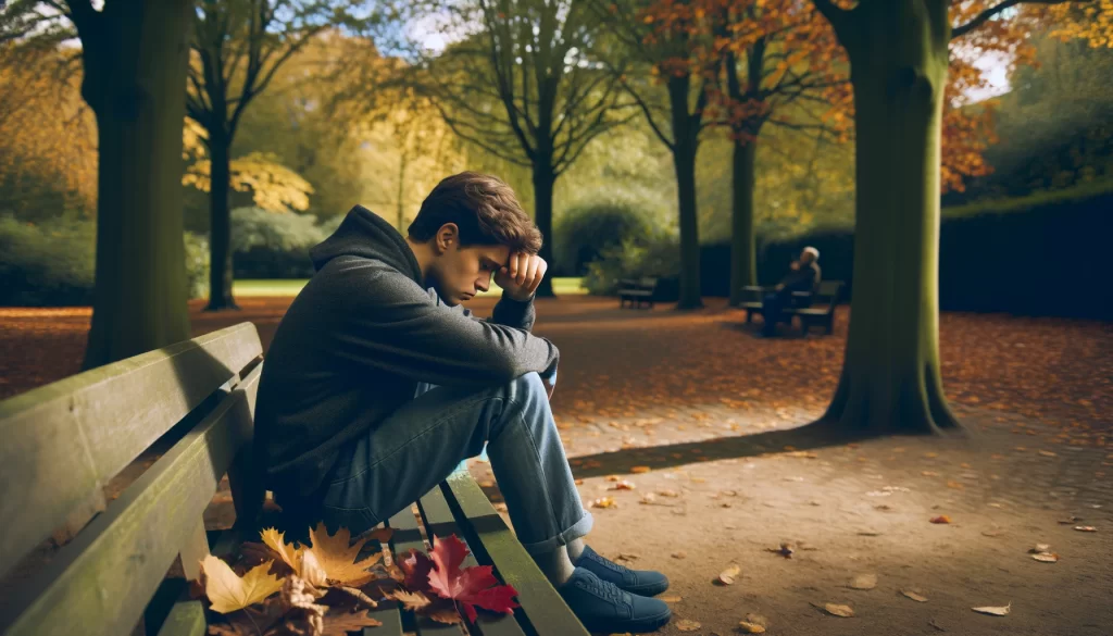 Mladý muž sedící na lavičce v parku, který má smutek