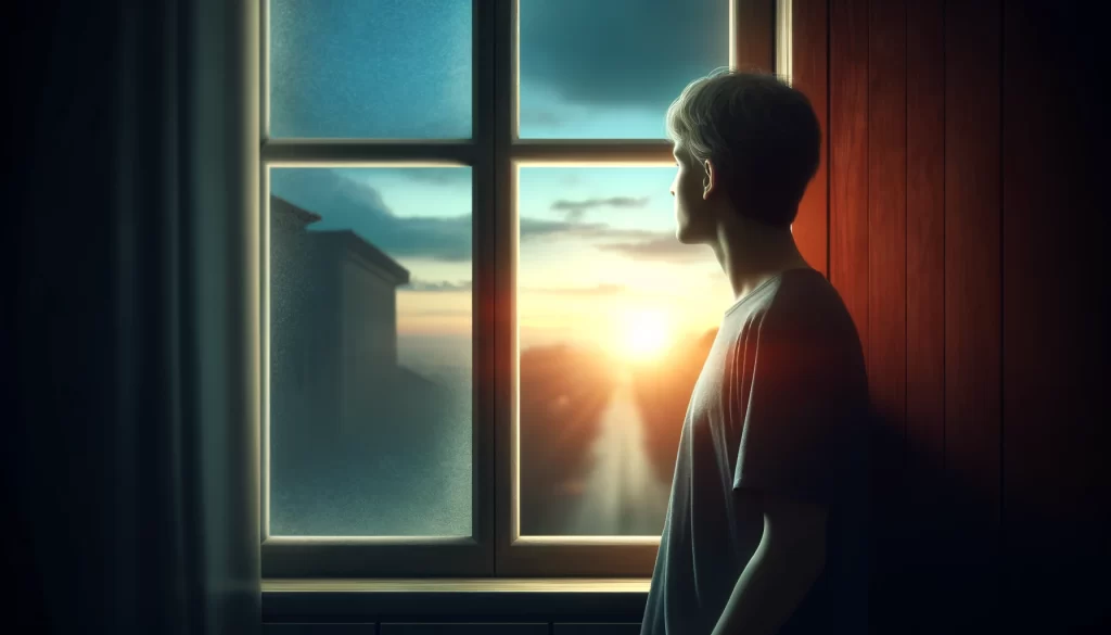 Melancholická postava stojící u okna, zamyšleně hledící ven na lepší budoucnost, s náznakem naděje v podobě jasného dne za oknem.